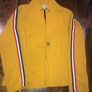 yellow dress jacket with red/black/white stripes